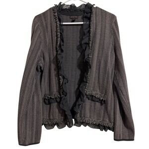 Dana Buchman Womens Herringbone Knit Cardigan Jacket Ruffle Trim Lg